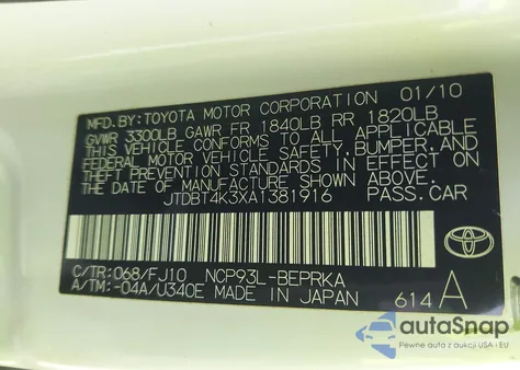 2010 Toyota Yaris from USA, damaged, VIN JTDBT4K3XA1381916